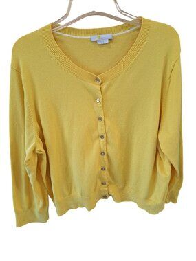 Boden Yellow XL Button-Up Cardigan Cotton Bld Ribbed Trim Cropped 3/4 Sleeve